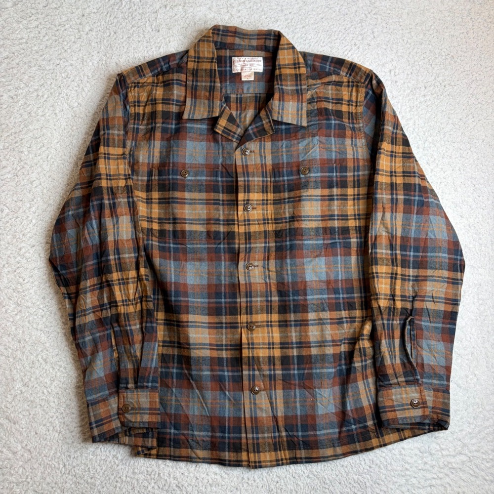 Filson Mens Plaid Button Down Shirt Brown Blue Cotton Camp loop Collar L